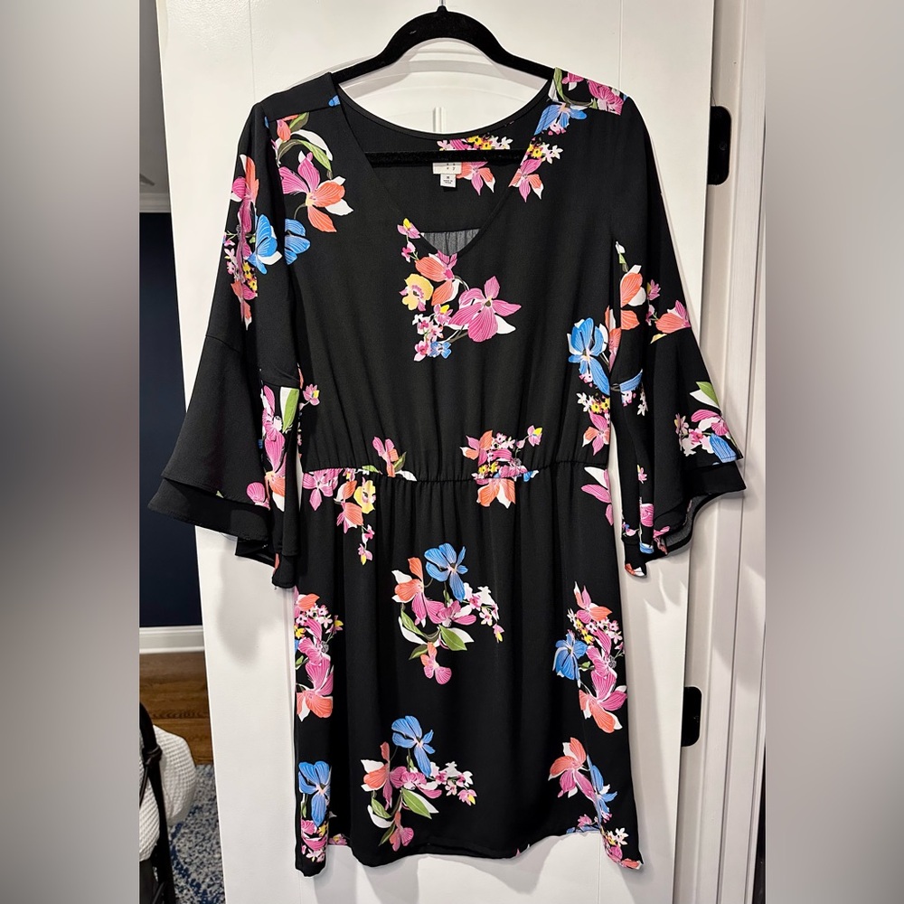 Floral Black Dress with Bell Sleeves- size medium